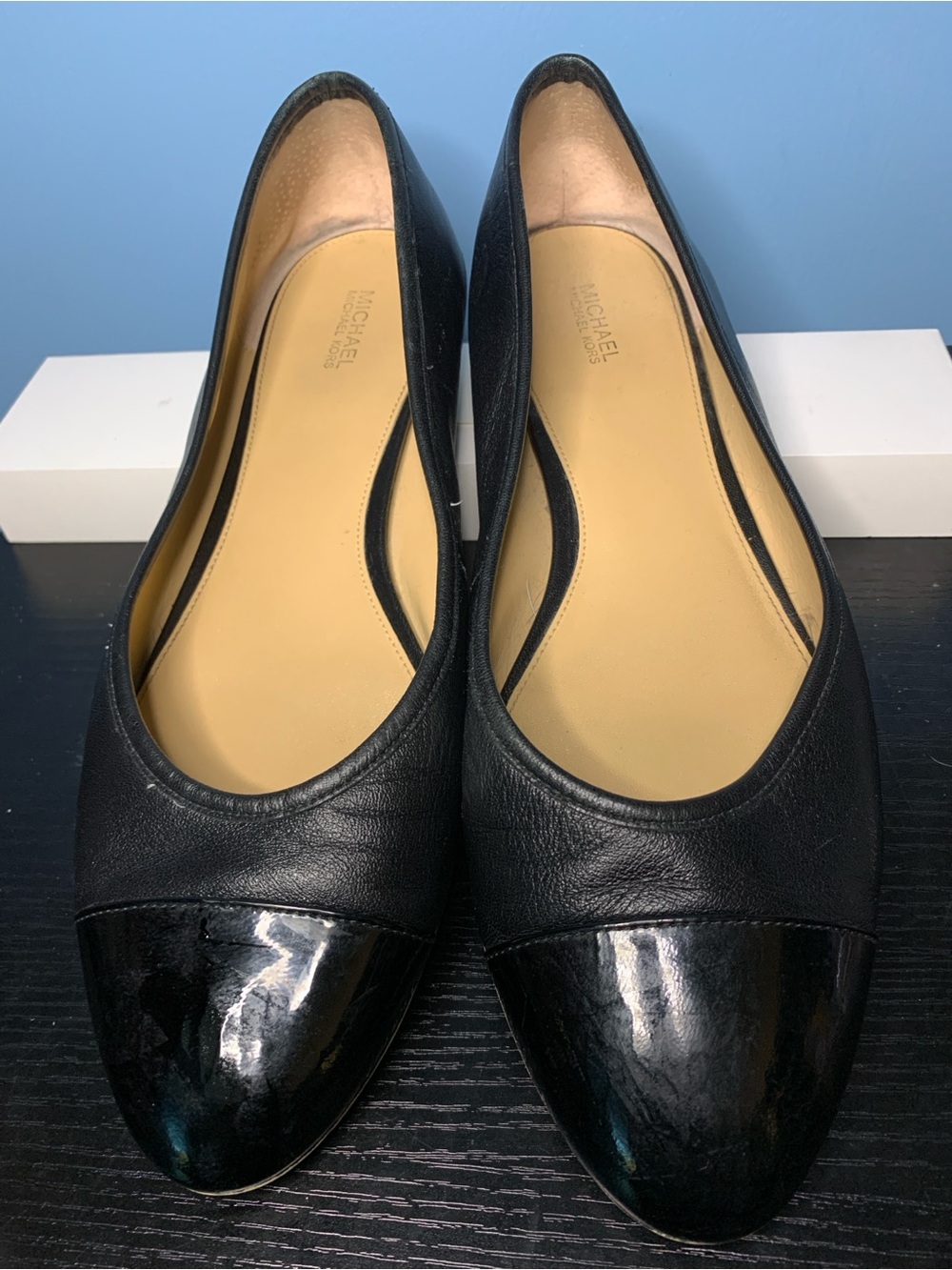 Michael Kors Black Leather Ballet Flats with Glossy Cap-Toe & chain detail